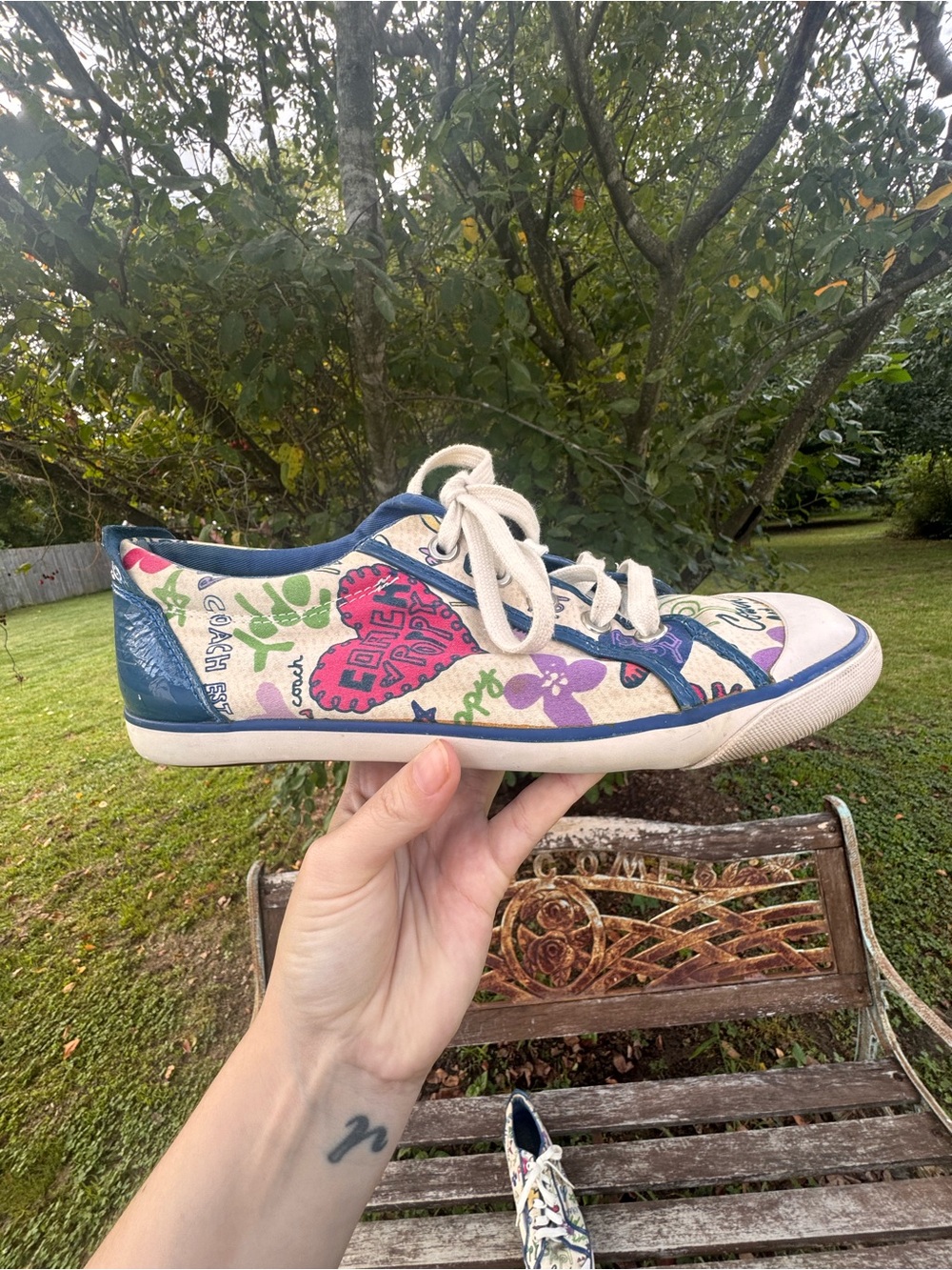 Coach Floral Heart Canvas Sneakers in Cream and Blue